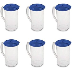 sterilite 2 quart clear plastic drink beverage pitcher with leak proof lid and hinged flip-top tab for picnics, camping, events, blue (6 pack)