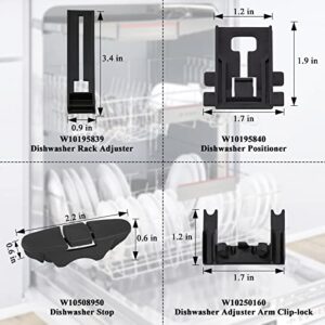 Upgraded W10350375 Dishwasher Top Rack Adjuster & W10195839 Rack Adjuster & W10195840 Arm Positioner & 10508950 Stop Clip & W10250160 Clip Lock, Replacement for Whirlpool Dishwasher Parts, 10 Pack