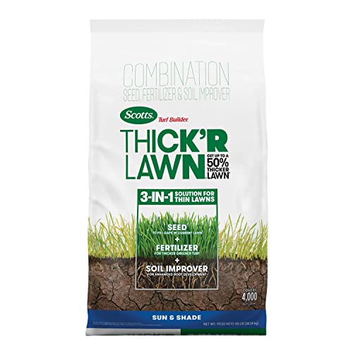 Scotts Turf Builder Thick'R Lawn Grass Seed, Fertilizer and Soil Improver for Sun & Shade, 40 lbs.