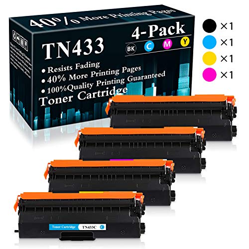 4-Pack (BK/C/M/Y) Cartridge TN433BK,TN433C,TN433M,TN433Y Toner Cartridge Replacement for Brother HL-L8260CDW L8360CDW L9310CDW L9310CDWTT DCP-L8410CDW MFC-L8610CDW L8900CDW L8690CDW L9570CDW Printer