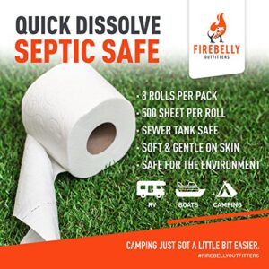 RV Toilet Paper, Septic Tank Safe-MADE IN THE USA- 8 Rolls,2-Ply 500 Sheets - Fast Dissolve Bath Tissue for Camping, Marine, RV Holding Tanks, Biodegradable - Firebelly Outfitters