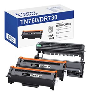 tn760 toner cartridge and dr730 drum unit-3 packs compatible cartridges for brother tn760 tn-760 tn730 tn-730 dr730 to use with hl-l2350dw mfc-l2710dw printer (2 toner cartridge, 1 drum unit)