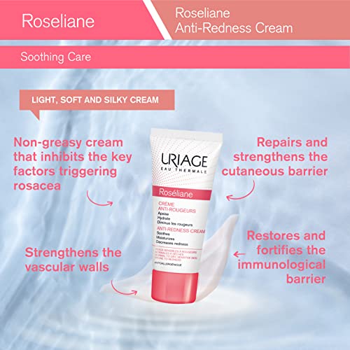 Uriage Roseliane Anti-Redness Face Cream 1.35 fl.oz. | Hydrating Moisturizer for Sensitive Skin Prone to Redness | Inhibits the Key Factors that Cause Rosacea, Soothes and Decrease Redness