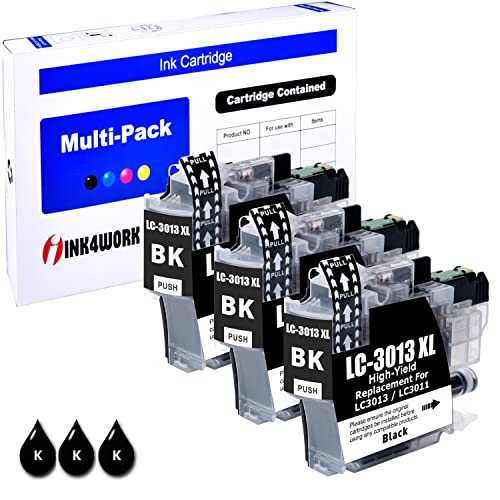 INK4WORK Black Compatible Replacement for Brother LC3013XL LC-3013 LC3011 XL Ink Cartridge for use with MFC-J491DW MFC-J497DW MFC-J690DW MFC-J895DW (Black, 3-Pack)