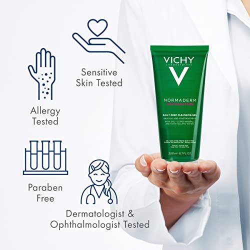 Vichy Normaderm Daily Acne Face Wash, Salicylic Acid Face Cleanser for Oily & Acne Prone Skin, Acne Cleanser that Clears Clogged Pores and Blackheads, Cleansing Gel for Clear Skin