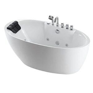 empava 59 in. acrylic freestanding tub hydromassage gracefully oval shaped whirlpool 7 water jets soaking spa, double-ended massage bathtub with black pillow , white