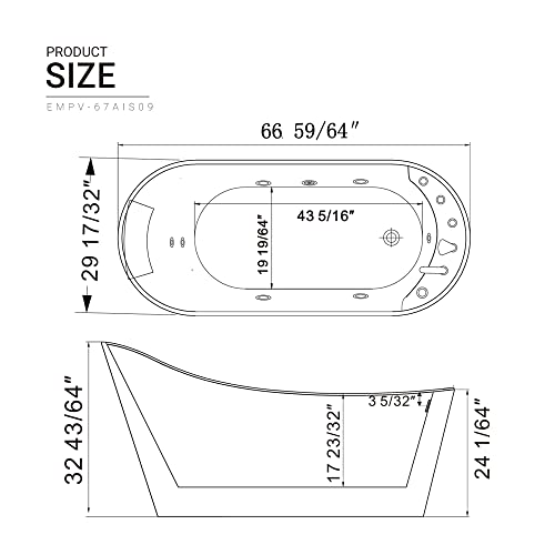 Empava 67 in. Acrylic Freestanding Tub Hydromassage Gracefully Oval Shaped Whirlpool 7 Water Jets Soaking SPA, Single-Ended Massage Bathtub with Pillow