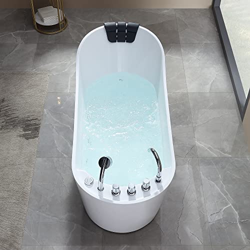 Empava 67 in. Acrylic Freestanding Tub Hydromassage Gracefully Oval Shaped Whirlpool 7 Water Jets Soaking SPA, Single-Ended Massage Bathtub with Pillow