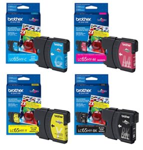 brother genuine 4-color lc65 high yield cyan magenta yellow and black ink cartridge set, lc65hybk, lc65hyc, lc65hym, lc65hyy