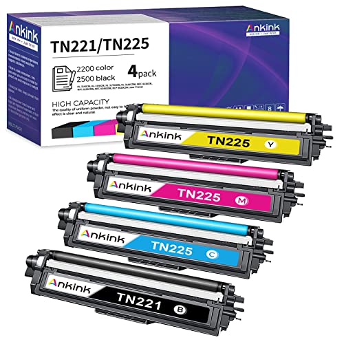 ANKINK TN225 TN221 Toner Cartridge Replacement for Brother TN 221 225 BK/C/M/Y to Use with HL-3140CW HL-3150CW HL-3170CDW HL-3180CDW MFC-9130CW MFC-9330CDW MFC-9340CDW Black Cyan Magenta Yellow 4 Pack