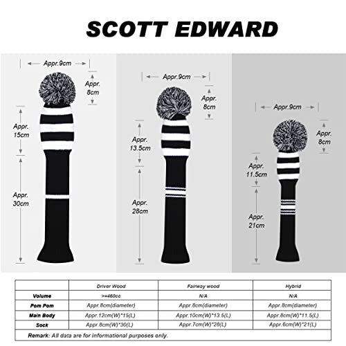 Scott Edward Golf Club Cover with a Pom Pom Set of 3/4/5 for Woods and Driver Protect Driver Wood Fairway Wood and Hybrid/UT with Rotating Club Number Tags (Black White Snake Stripe)
