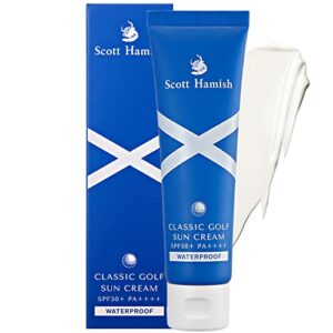 scott hamish classic golf sun cream spf50+ pa++++ – uva/uvb face sunscreen with vitamin c – waterproof sunscreen to hydrate & smoothen wrinkles – no white cast, non-greasy, transfer free, 1.35 oz.