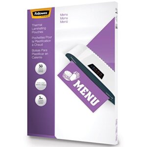 fellowes hot laminating pouches, 3 mil, menu size, 50 per pack (52013)