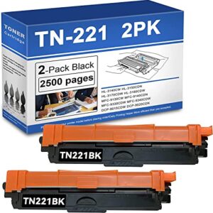 (2 pack) tn221 compatible tn-221bk black toner cartridge replacement for brother hl-3140cw hl-3150cdn hl-3170cdw hl-3180cdw printer toner.