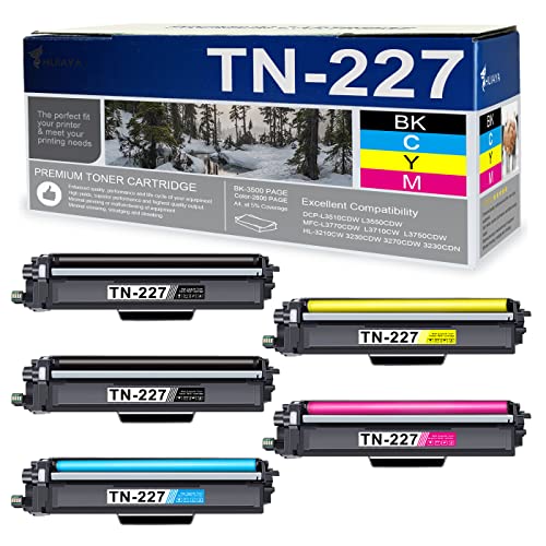 TN227 High Yield Toner Cartridge : 5 Pack TN227 Toner HUIYA Compatible Replacement for Brother DCP-L3510CDW L3550CDW;HL-3210CW 3230CDW;MFC-L3770CDW L3710CW Printer, (1BK+1C+1Y+1M)