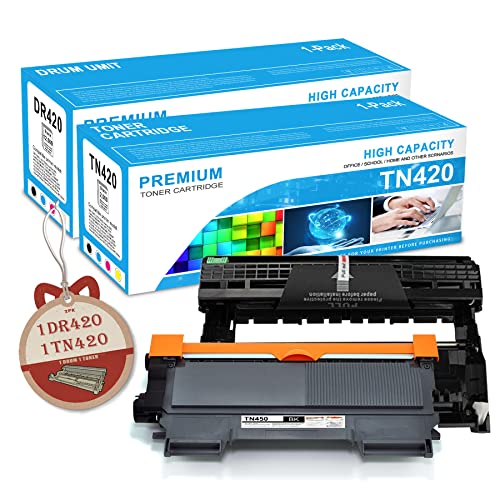 TN-420 Toner Cartridge & DR420 Drum Unit Compatible TN420 DR420 Replacement for Brother DR420 TN-420 for Brother DCP-7065D MFC-7240 MFC-7360N MFC-7460DN Printer Toner.(1 Toner, 1 Drum 2 Pack)