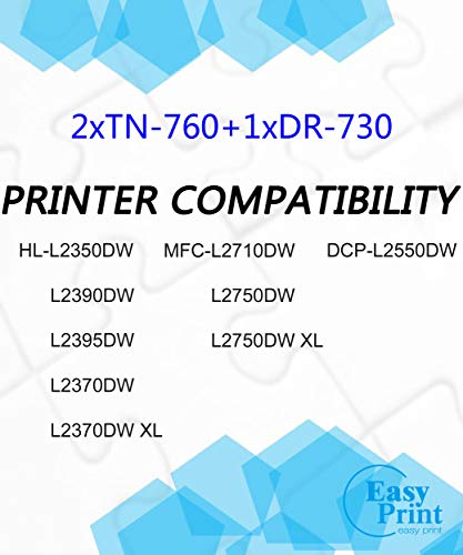 EASYPRINT Compatible 2-Pack TN760 TN-760 Toner Cartridge & 1-Pack DR-730 DR730 Drum Unit Used for Brother DCP-L2550DW, HL-L2350DW, L2370DW, L2390DW, L2395DW, MFC-L2710DW Printer, (Total 3-Pack)