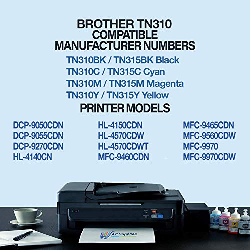 AZ Supplies Toner | 50% More Print Yield | 4-Pack Replace Brother TN310 TN310BK, TN310C, TN310Y, TN310M for use in Brother HL-4150CDN, HL-4570CDW, HL-4570CDWT, MFC-9460CDN, MFC-9560CDW