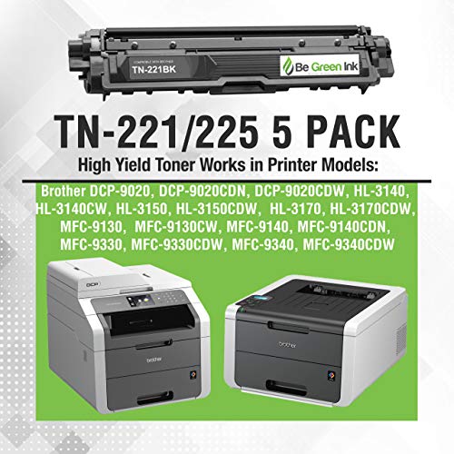 Be Green Ink Compatible Toner Cartridges for Brother DCP-9020, HL-3140, HL-3150, HL-3170, MFC-9130, MFC-9140, 9330, 9340 – TN221 TN225 Toner TN221BK, TN225C, TN225M, TN225Y (5 Pack, 2B,1C,1M,1Y)