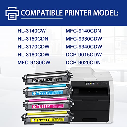 NUCALA Compatible TN221 TN-221 TN221BK TN221C TN221M TN221Y Toner Cartridge Replacement for Brother DCP-9020CDN MFC-9130CW MFC-9140CDN HL-3170CDW HL-3180CDW Printer Ink Cartridge (6-Pack, 3KCMY)