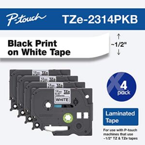 brother genuine p-touch, tze-231 4 pack tape (tze2314pkb) ½”(0.47”) x 26.2 ft. (8m) 4-pack laminated p-touch tape, black on white, perfect for indoor or outdoor use, water resistant, tze2314pk, tze231
