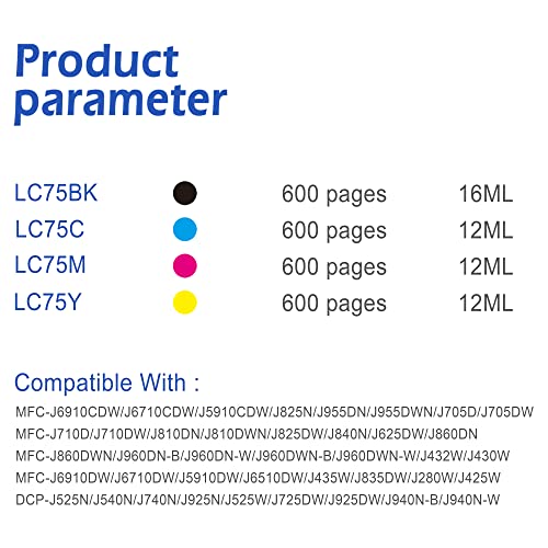 EASYPRINT Compatible Ink Cartridge Replacement for Brother LC-75 LC75 LC71 Used for MFC-J6910CDW/ J6710CDW/ J5910CDW/ J825N; DCP-J525N/ J540N/ J740N, (5 Black, 3 Cyan, 3 Magenta, 3 Yellow, 14 Pack)