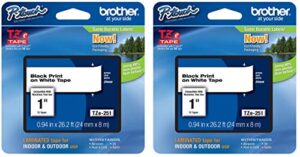 brother genuine p-touch 2-pack tze-251 laminated tape, black print on white standard adhesive laminated tape for p-touch label makers, each roll is 0.94″/24mm (~ 1″) wide, 26.2 ft. (8m) long