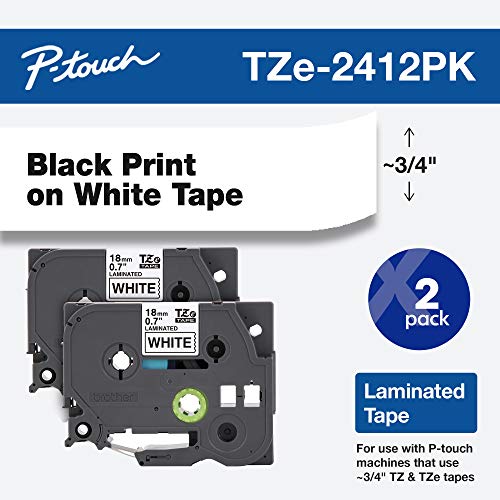 Brother Genuine P-Touch, TZe2412PK, 2 Pack of Label Tape, Black Font On White Label, TZe241,Black on White