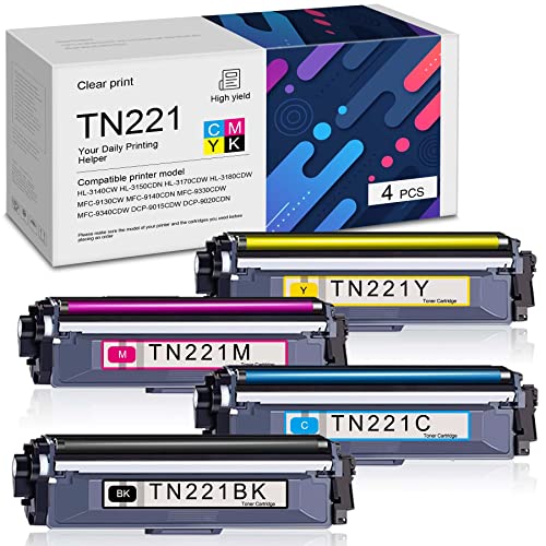 MYSS [4-Pack,1BK+1C+1Y+1M] TN-221 TN-221BK TN-221C TN-221Y TN-221M Toner Cartridge Compatible TN221 Toner Replacement for Brother HL-3180CDW MFC-9340CDW DCP-9020CDN Printers Toner Sold by MRYMYGS