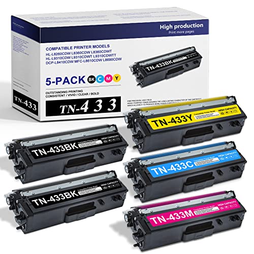 TN 433 TN-433 Toner Cartridges - Drawn Compatible TN433BK/C/M/Y TN433 High Yield Toner Set Replacement for Brother HL-L8360CDW HL-L8260CDW MFC-L8900DW L8610CDW Printer,(5Pack,2BK/1C/1M/1Y)