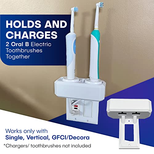 HOYT DESIGN Electric Toothbrush Holder, Wall Mount, Compatible with Oral-B, Holds 2 Chargers, Mounts on Single GFCI/Decora Outlet ONLY. (Charger/Brushes NOT Included), White, OB2C-GSSV