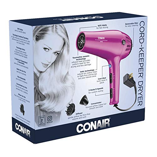 Conair Hair Dryer with Retractable Cord, 1875W Cord-Keeper Blow Dryer