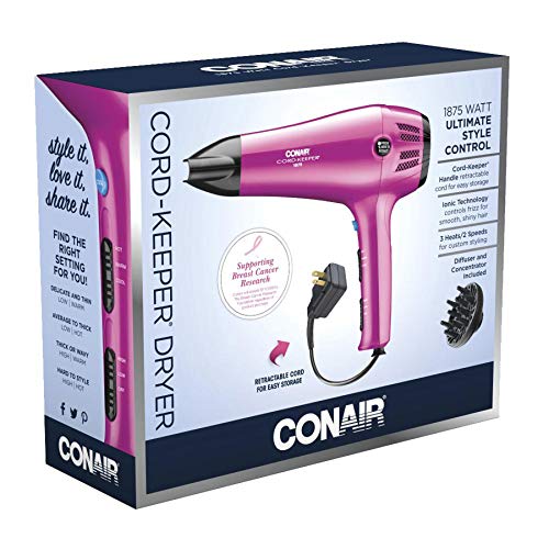 Conair Hair Dryer with Retractable Cord, 1875W Cord-Keeper Blow Dryer