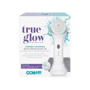 conair true glow sonic facial brush kit, waterproof and rechargeable with 2 brush heads and cosmetic storage pouch