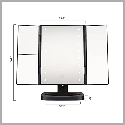 Conair Reflections Tri-Panel LED Lighted Vanity Makeup Mirror, 1x/2x/3x magnification, Matte Black finish