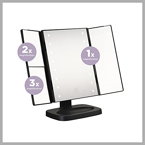 Conair Reflections Tri-Panel LED Lighted Vanity Makeup Mirror, 1x/2x/3x magnification, Matte Black finish