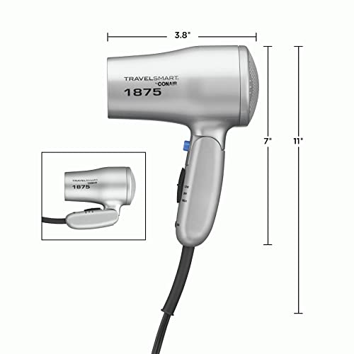 Conair 1875 Watt Compact Dual Voltage Travel Hair Dryer with Folding Handle, Grey