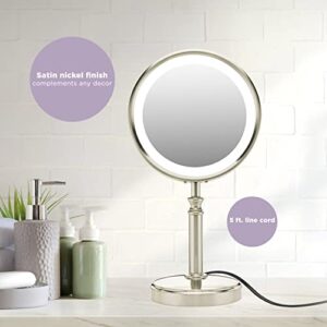 Conair Reflections Double-Sided LED Lighted Tabletop Mount Vanity Makeup Mirror, 1x/10x magnification, Satin Nickel