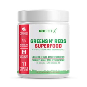 GOBIOTIX Super Greens Powder N' Super Reds Powder - Non-GMO Vegan Red and Green Superfood + Probiotics, Enzymes, Organic Whole Foods - Fruit and Veggie Supplement (Pomegranate Raspberry, 1 Pack)