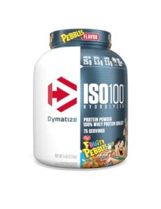 dymatize iso100 hydrolyzed protein powder, 100% whey isolate, 25g of protein, 5.5g bcaas, gluten free, fast absorbing, easy digesting, fruity pebbles, 5 pound