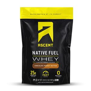 ascent native fuel whey protein powder – post workout whey protein isolate, zero artificial ingredients, soy & gluten free, 5.7g bcaa, 2.7g leucine, essential amino acids, chocolate peanut butter 2 lb