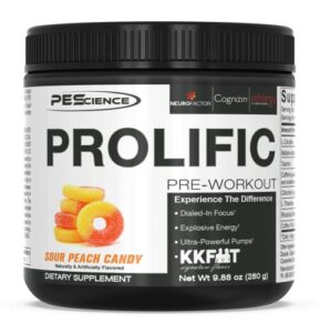 pescience prolific pre workout powder, sour peach candy, 40 scoop, energy supplement with nitric oxide, kk fit signature flavor