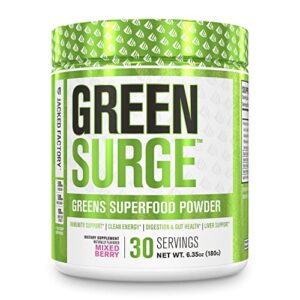 green surge green superfood powder supplement – keto friendly greens drink w/spirulina, wheat & barley grass, organic greens – green tea extract, probiotics & digestive enzymes – mixed berry – 30sv