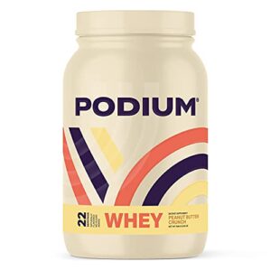 podium nutrition, whey protein powder, peanut butter crunch, 22 servings, 27g of whey protein per serving