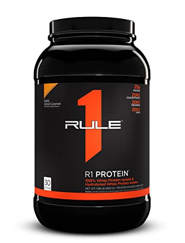 Rule One Proteins, R1 Protein - Lightly Salted Caramel, 25g Fast-Acting, Super-Pure 100% Isolate and Hydrolysate Protein Powder with 6g BCAAs for Muscle Growth and Recovery, 2lbs