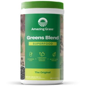 amazing grass greens blend superfood: super greens powder smoothie mix with organic spirulina, chlorella, beet root powder, digestive enzymes & probiotics, original, 60 servings