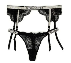 victoria’s secret bombshell shine strap thong panty and garter belt bundle, black lace, medium