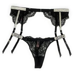 Victoria's Secret Bombshell Shine Strap Thong Panty and Garter Belt Bundle, Black Lace, Medium