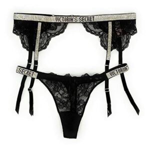Victoria's Secret Bombshell Shine Strap Thong Panty and Garter Belt Bundle, Black Lace, Medium