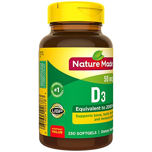 Nature Made Vitamin D3 2000 IU (50 mcg), Dietary Supplement for Bone, Teeth, Muscle and Immune Health Support, 250 Softgels, 250 Day Supply